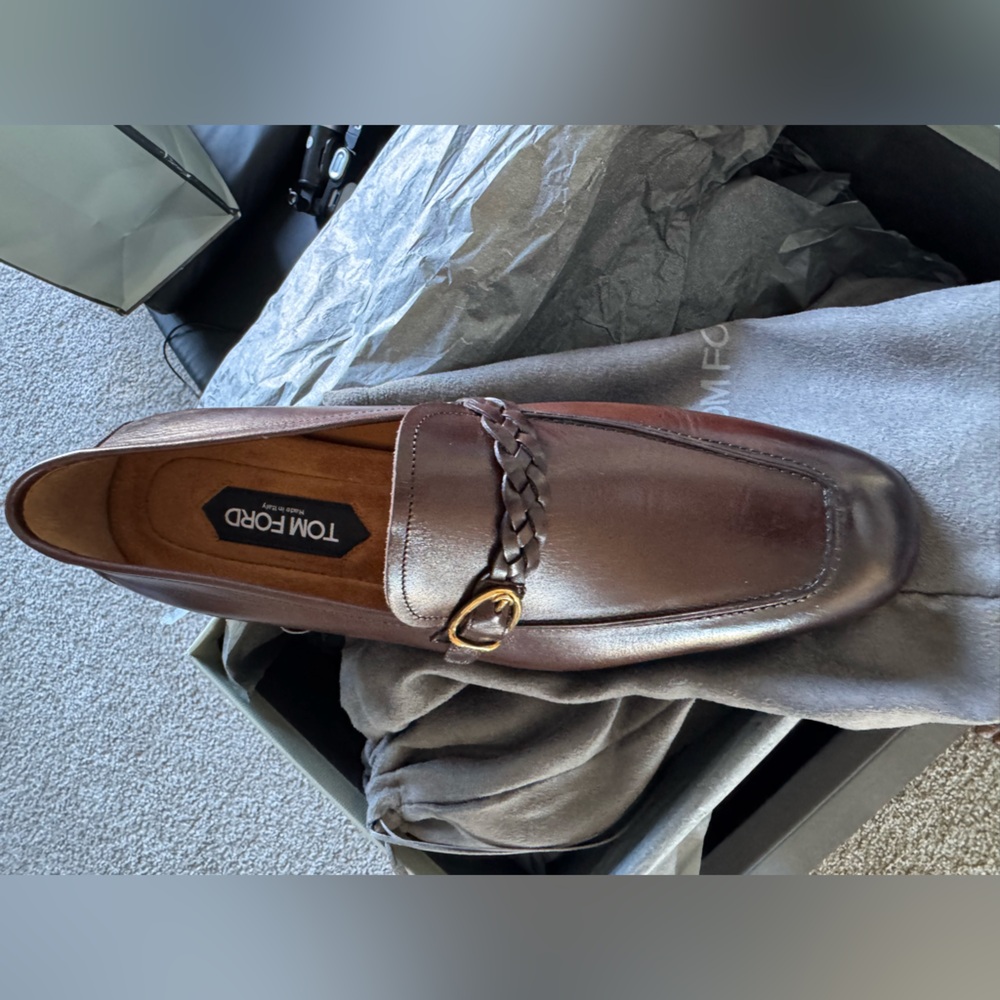 Tom Ford Dark Brown Leather Loafers with Gold Buckle